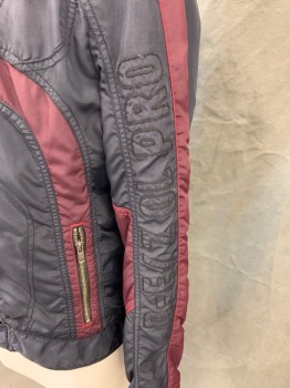 Mens, Casual Jacket, DIESEL, Red Burgundy, Midnight Blue, Nylon, Color Blocking, M, Zip Front, Snap Tab Band Collar, 3 Pockets, Raglan Long Sleeves, Curved Burgundy Stripes, Burgundy Sleeve Strips, 4 Zip Pockets, Ribbed Knit Under Collar, Black Embroidery on Sleeves (D-E/ZOL PRO)