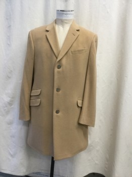 Mens, Coat, Overcoat, TOMMY HILFIGER, Brass Metallic, Wool, Cashmere, Solid, 42R, Light Camel, 3 Button Front, 4 Pockets, Notched Lapel, Back Vent, Fully Lined