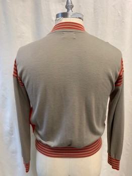 Mens, Jacket, APPARATUS, Khaki Brown, Poly/Cotton, Acrylic, L, Zip Front, Long Sleeves, 2 Pockets, Red Stripes on Neck, Arm, & Cuffs, Rib Knit Neck, Cuff, & Waist