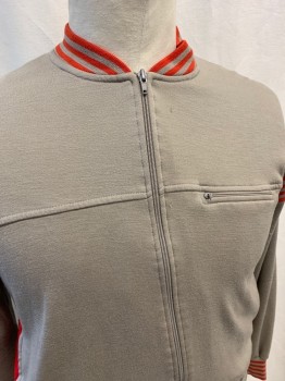 Mens, Jacket, APPARATUS, Khaki Brown, Poly/Cotton, Acrylic, L, Zip Front, Long Sleeves, 2 Pockets, Red Stripes on Neck, Arm, & Cuffs, Rib Knit Neck, Cuff, & Waist
