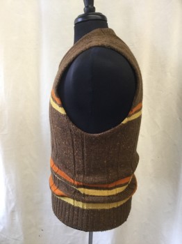Mens, Vest, ACRYLIC, Brown, Rust Orange, Mustard Yellow, Acrylic, Stripes - Horizontal , M, Pull On, Crew Neck, Arms-eyes Opened Up for Broader Shoulder Look, Speckled