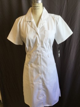 Womens, Nurses Dress, DICKIES, White, Cotton, Polyester, Solid, XS, Notched Lapel, Button Front, 3 Pockets, Short Sleeves, 1" Waistband with 2 Short Belt & 1 Button Front, and  Elastic Back
