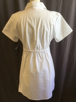 DICKIES, White, Cotton, Polyester, Solid, Notched Lapel, Button Front, 3 Pockets, Short Sleeves, 1" Waistband with 2 Short Belt & 1 Button Front, and  Elastic Back
