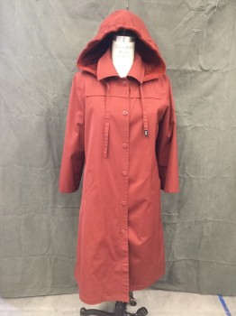 Womens, Coat, LONDON FOG, Chestnut Brown, Polyester, Cotton, Solid, B 34, Button Front, Collar Attached, Attached Yoke Panel, Gathered at Back Yoke, Drawstring Hood Button Attached with Fleece Lining, Belt Loops (Missing Belt), 2 Pockets, Zip Attached Fleece Lining (barcode on Right Side Low of Main Jacket NOT Lining)