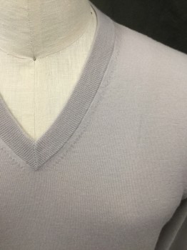 Mens, Pullover Sweater, THE MEN'S STORE, Dove Gray, Cashmere, Solid, M, Ribbed Knit V-neck, Long Sleeves, Ribbed Knit Cuff/Waistband