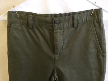 Childrens, Pants, BROOKS BROTHERS, Olive Green, Cotton, Elastane, Solid, 10, 1.3" Waistband with Belt Hoops, Flat Front, Zip Front, 4 Pockets