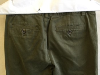 BROOKS BROTHERS, Olive Green, Cotton, Elastane, Solid, 1.3" Waistband with Belt Hoops, Flat Front, Zip Front, 4 Pockets