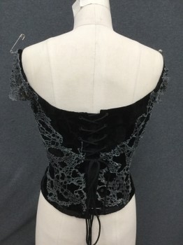 Womens, Dress, Piece 1, N/L, Black, Gray, B 32, Crushed Velvet, Corset Top, Sweetheart Neck, Off Shoulder Straps, Lace Up Back with Modesty Panel, Push Up Bra Attached Interior, Gray Mesh Aged Web-like Overlay, Snaps at Back Bottom Hem, Goth, Steampunk