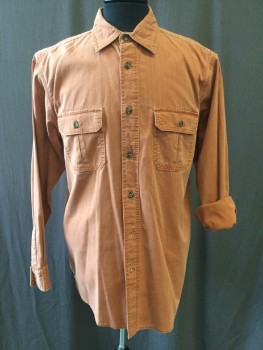 OUTDOOR LIFE, Rust Orange, Cotton, Solid, Button Front, Collar Attached, Long Sleeves, 2 Flap Pocket, Faded Look