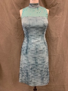 N/L, Sea Foam Green, Synthetic, Solid, Sleeveless, Sheer Top with Sequins, Keyhole Back, Chiffon with Dark Green Metallic Tinsel Striations Dress and Also Band Collar, *Shoulder Burn*