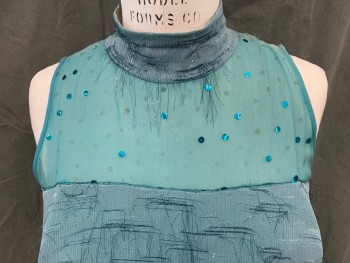 N/L, Sea Foam Green, Synthetic, Solid, Sleeveless, Sheer Top with Sequins, Keyhole Back, Chiffon with Dark Green Metallic Tinsel Striations Dress and Also Band Collar, *Shoulder Burn*