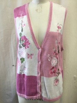 BLAIR, Pink, White, Bubble Gum Pink, Ramie, Cotton, Floral, Color Blocking, Cardigan VEST,, Embroiderred Flowers and  Butterflies,  5 Buttons,