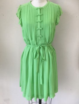 BLUE TASSEL, Pea Green, Silk, Solid, Fully Lined Crepe Chiffon, Round Neck,  Hidden Snap Front Placket with Bow Detail, Ruffle Cap Sleeves, Pleats Front and Center Back From Yoke, Belt Loops, MATCHING TIE BELT,