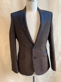 Mens, Sportcoat/Blazer, ASOS, Copper Metallic, Iridescent Blue, Black, Synthetic, Stripes, 40R, Single Breasted, 2 Buttons, Peaked Lapel, 3 Pockets, 4 Button Cuffs, 1 Back Vent