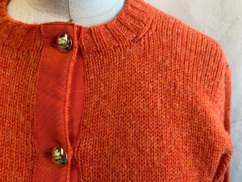TRIMMINGHAMS, Orange, Wool, Solid, Gold Rounded Embossed Button Front, Long Sleeves, Ribbed Knit Neck/Waistband/Cuff