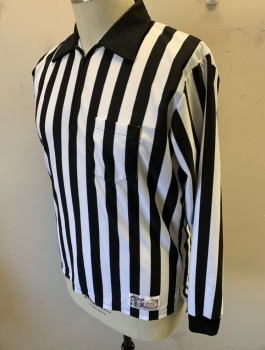 Unisex, Referee Shirt, HONIG'S, Black, White, Polyester, Stripes - Vertical , XL, Long Sleeves, Pullover, Solid Black Collar Attached, Zipper at Neck, 1 Patch Pocket