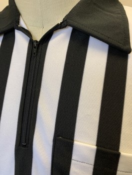 Unisex, Referee Shirt, HONIG'S, Black, White, Polyester, Stripes - Vertical , XL, Long Sleeves, Pullover, Solid Black Collar Attached, Zipper at Neck, 1 Patch Pocket