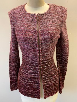 ST.JOHN, Pink, Red Burgundy, Lt Pink, Black, Rayon, Acrylic, Speckled, Ombre, Knit, Top is Lighter and Fades Into Darker Bottom, Long Sleeves, Round Neck, Hook & Eye Closures at Front, Shoulder Pads, 2 Large Darts in Back, No Lining