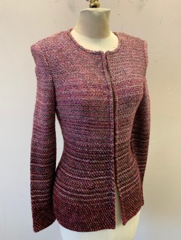 Womens, Suit, Jacket, ST.JOHN, Pink, Red Burgundy, Lt Pink, Black, Rayon, Acrylic, Speckled, Ombre, Sz.2, Knit, Top is Lighter and Fades Into Darker Bottom, Long Sleeves, Round Neck, Hook & Eye Closures at Front, Shoulder Pads, 2 Large Darts in Back, No Lining