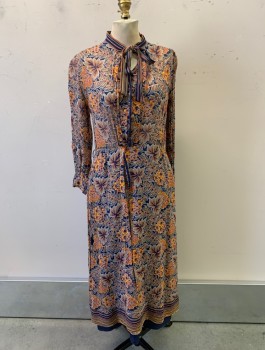 Womens, Dress, WILROY TRAVELLERS, Orange, Multi-color, Synthetic, Floral, W:28, B:34, H:38, Band Collar, Ties at Neck, Button Front, L/S, Navy Layer Underneath, Elastic Waistband, Uneven Zipper at Waist, Buttons Don't Line Up,  *Aged/Distressed*