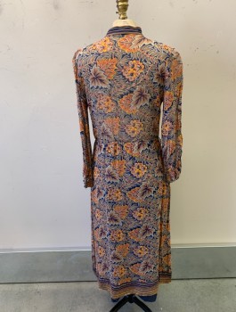 WILROY TRAVELLERS, Orange, Multi-color, Synthetic, Floral, Band Collar, Ties at Neck, Button Front, L/S, Navy Layer Underneath, Elastic Waistband, Uneven Zipper at Waist, Buttons Don't Line Up,  *Aged/Distressed*