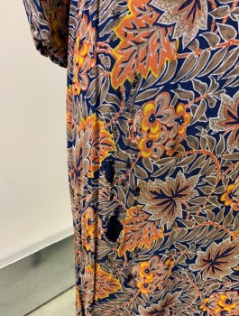 Womens, Dress, WILROY TRAVELLERS, Orange, Multi-color, Synthetic, Floral, W:28, B:34, H:38, Band Collar, Ties at Neck, Button Front, L/S, Navy Layer Underneath, Elastic Waistband, Uneven Zipper at Waist, Buttons Don't Line Up,  *Aged/Distressed*