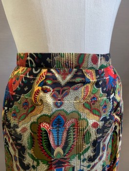 Womens, Skirt, N/L, Multi-color, Gold Metallic, Silk, Abstract , W:28, Maxi Length, 1" Wide Self Waistband, Zip Closure