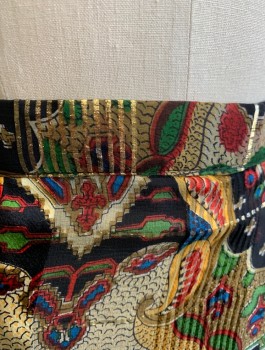 N/L, Multi-color, Gold Metallic, Silk, Abstract , Maxi Length, 1" Wide Self Waistband, Zip Closure