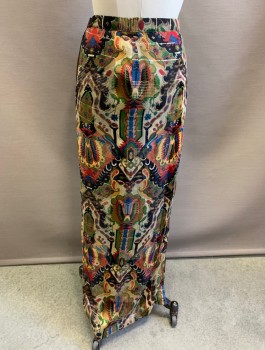 N/L, Multi-color, Gold Metallic, Silk, Abstract , Maxi Length, 1" Wide Self Waistband, Zip Closure