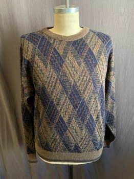 Mens, Pullover Sweater, SAVILE ROW, Dk Blue, Beige, Multi-color, Wool, Diamonds, L, CN, Dark Green, Orange, Burgundy