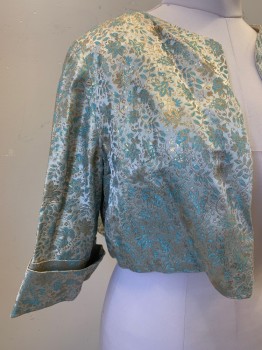 Womens, 1960s Vintage, Piece 2, NO LABEL, Ice Blue, Gold, Turquoise Blue, Polyester, Brocade, B34, Jacket, L/S, Fold Cuffs, Open Front, MTO