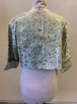 Womens, 1960s Vintage, Piece 2, NO LABEL, Ice Blue, Gold, Turquoise Blue, Polyester, Brocade, B34, Jacket, L/S, Fold Cuffs, Open Front, MTO
