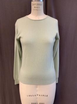 LORD & TAYLOR, Sage Green, Cashmere, Solid, Knit, Pullover, Crew Neck, Long Sleeves