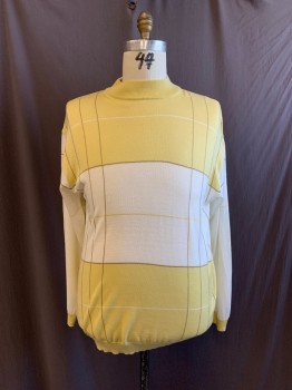 Mens, Sweater, SYLLABLES, Lt Yellow, Tan Brown, White, Cotton, Acrylic, Plaid, XL, Mock Neck, Long Sleeves