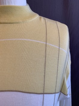 Mens, Sweater, SYLLABLES, Lt Yellow, Tan Brown, White, Cotton, Acrylic, Plaid, XL, Mock Neck, Long Sleeves
