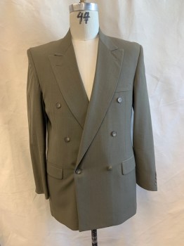 J. RIGGINGS, Olive Green, Wool, Solid, Double Breasted, 6 Buttons, Peaked Lapel, 3 Pockets, 4 Button Cuffs,