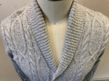 Mens, Cardigan Sweater, NEIMAN MARCUS, Heather Gray, Cashmere, Heathered, Cable Knit, L, L/S, Ribbed Shawl Collar
