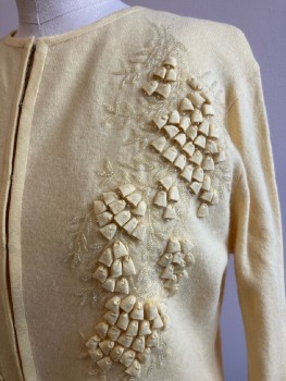 Womens, Sweater, WINDSOR, B: 38, Yellow, Solid, CN, L/S, Hook And Eye Closure, Floral Detail With Seed Beads, Cardigan
