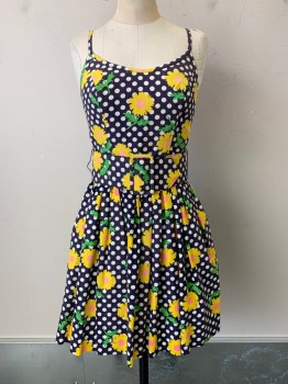 Bobbie Brooks, Navy Blue, White, Yellow, Pink, Lime Green, Cotton, Polka Dots, Floral, Spaghetti Strap, Pleated, Zip Back, Side Pockets,