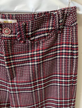 Womens, Pants, MAEVE, White, Midnight Blue, Ruby Red, Synthetic, Plaid, Houndstooth, 4, Zip Front, Button Closure, 2 Pockets, Red and Silver Metal Button