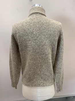 Mens, Sweater, L.L. BEAN, Beige, Taupe, Wool, 2 Color Weave, L, Turtle Neck, Zip Front, Ribbed Waist & Cuffs