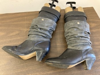 Womens, Boots, FRYE, 6.5, 2 Tone Black, Leather, Below Knee, Inner Cuffed Boot, Outer Snap Down Slouch, Medium Heel