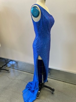 Womens, Evening Gown, SHERRI HILL, B33, 4, W26, Royal Blue with Blue Rhinestone Embellishing, One Shoulder Strap, Back Zip, Front Slit To Thigh On Side, Polyester/spandex