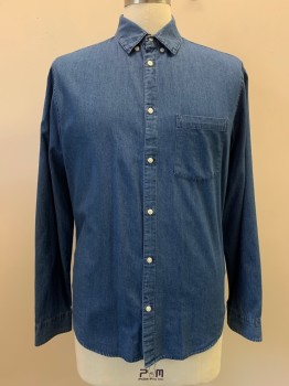 Mens, Casual Shirt, H&M, Denim Blue, Cotton, Solid, M, L/S, Button Front, Collar Attached, Chest Pocket
