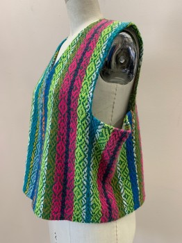 Womens, Vest, NO LABEL, Green, Blue, Hot Pink, Lime Green, Dk Purple, Acrylic, Tapestry, M, Sleeveless, Open Front, Made To Order