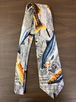 Mens, Tie, FUN TIES, Multi-color, Off White, Gray, Yellow, Polyester, Novelty Pattern, Animal Print, OS, 4 in Hand, Fish and Newspaper Print, 4"