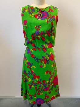 MAGGIE STOVER, Chartreuse Green, Hot Pink, Red, Purple, Yellow, Wool, Cotton, Floral, Sleeveless, Boat Neck With Bow, Keyhole, Back Button Down, Zip Back,