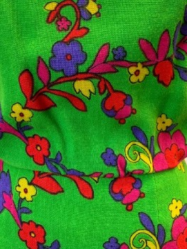 MAGGIE STOVER, Chartreuse Green, Hot Pink, Red, Purple, Yellow, Wool, Cotton, Floral, Sleeveless, Boat Neck With Bow, Keyhole, Back Button Down, Zip Back,