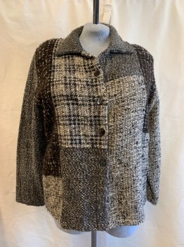 CHICO'S DESIGN, Black, Beige, Cream, Dk Brown, Acrylic, Wool, Color Blocking, Plaid, Cozy Heather Chunky Weave, Single Breasted, 4 Buttons, C.A.,