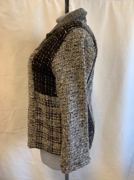 Womens, Casual Jacket, CHICO'S DESIGN, Black, Beige, Cream, Dk Brown, Acrylic, Wool, Color Blocking, Plaid, B44, Cozy Heather Chunky Weave, Single Breasted, 4 Buttons, C.A.,